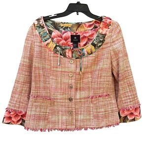 Womens Size Large Tweed Jacket Pink 100% Silk Floral Lined Fringed Trim Coquette